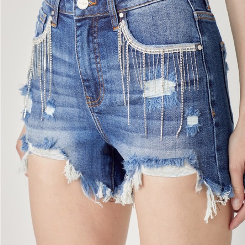 LillyBelle’s Denim Distressed Shorts with Fringe Detail